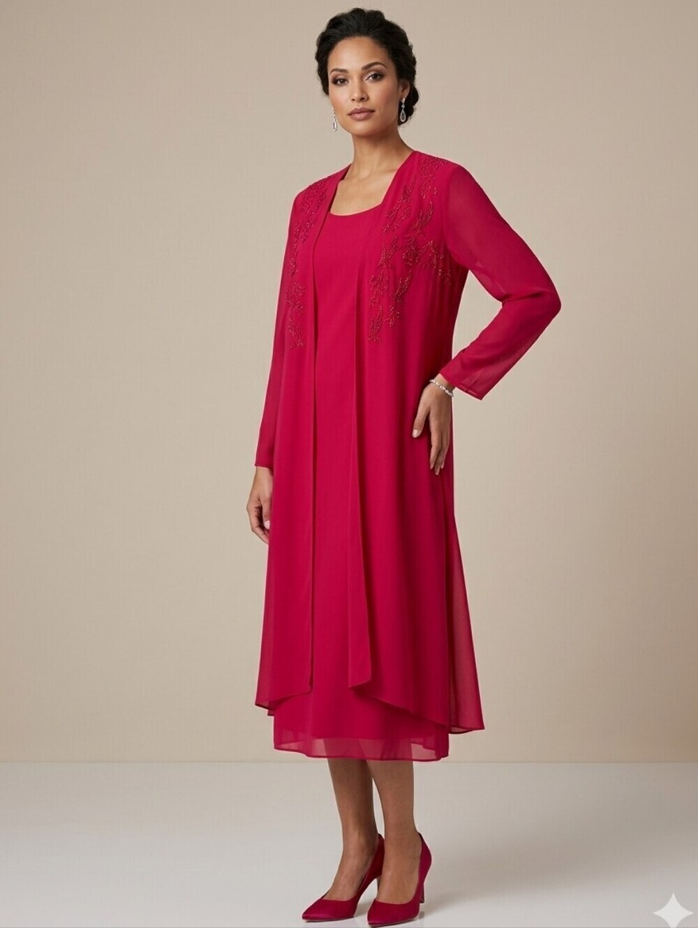 GILANI Vintage Sleeveless Layered Lined Shift Dress with Beaded Chiffon Jacket